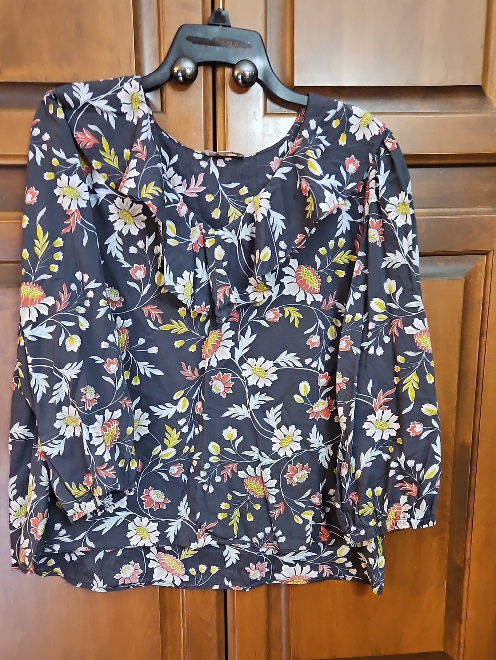 Floral Ruffle Neck Black Blouse - Women Tops
